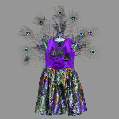Purple Peacock Feather Printed Baby Girl Dress | S3BGPD
