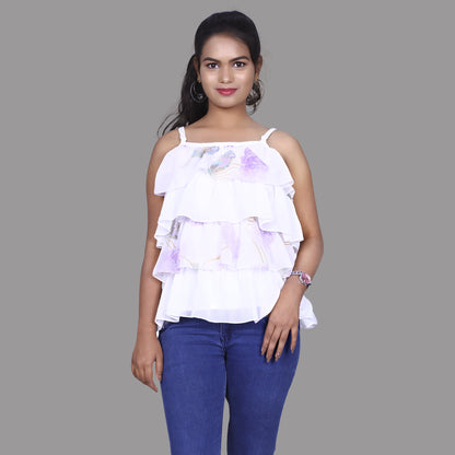 Womens Georgette White Ruffled Short Top | S3CT812