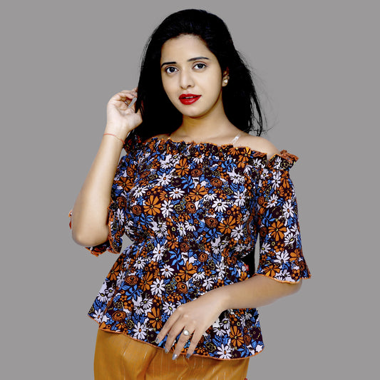 Women Party Ruffled Sleeves Floral Print Orange Top | S3CT745
