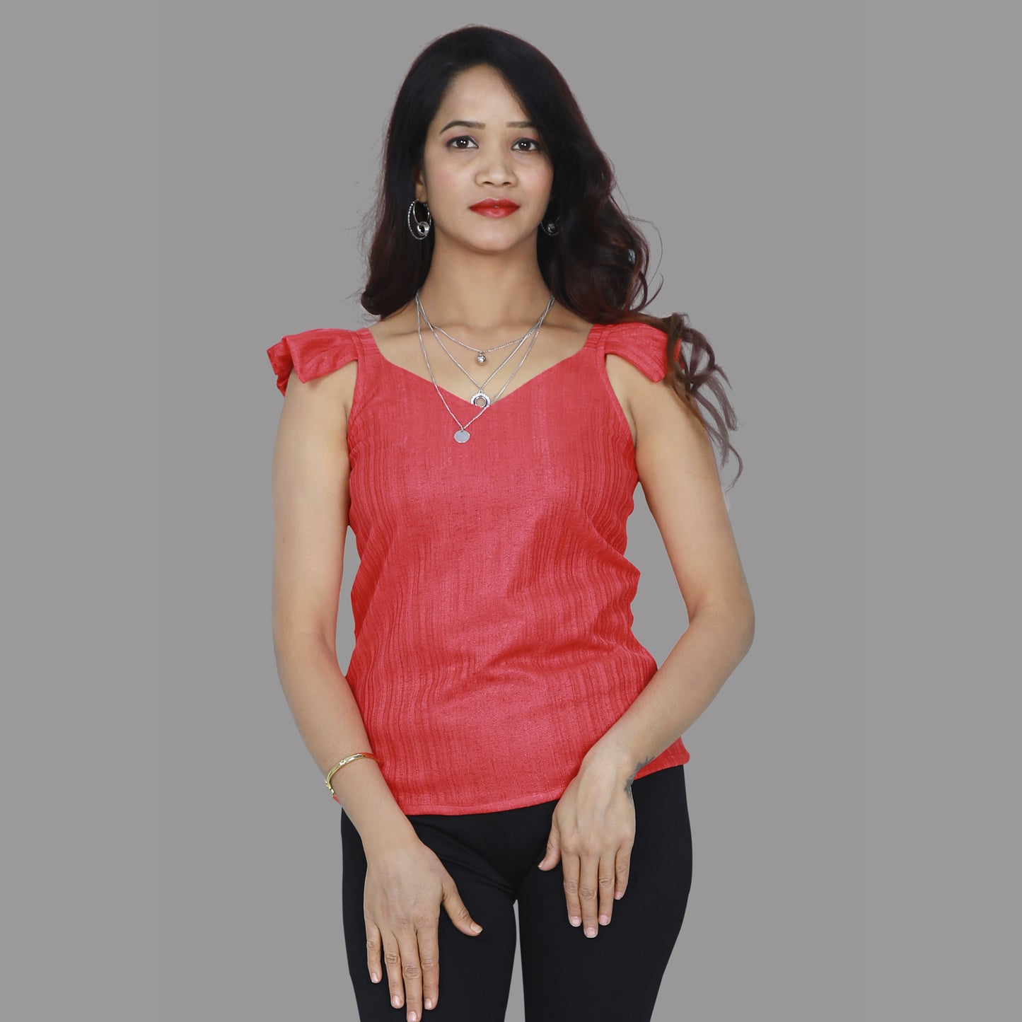 Rose Red Spandex Pleats Detail Solid Crop Top | S3CT1085