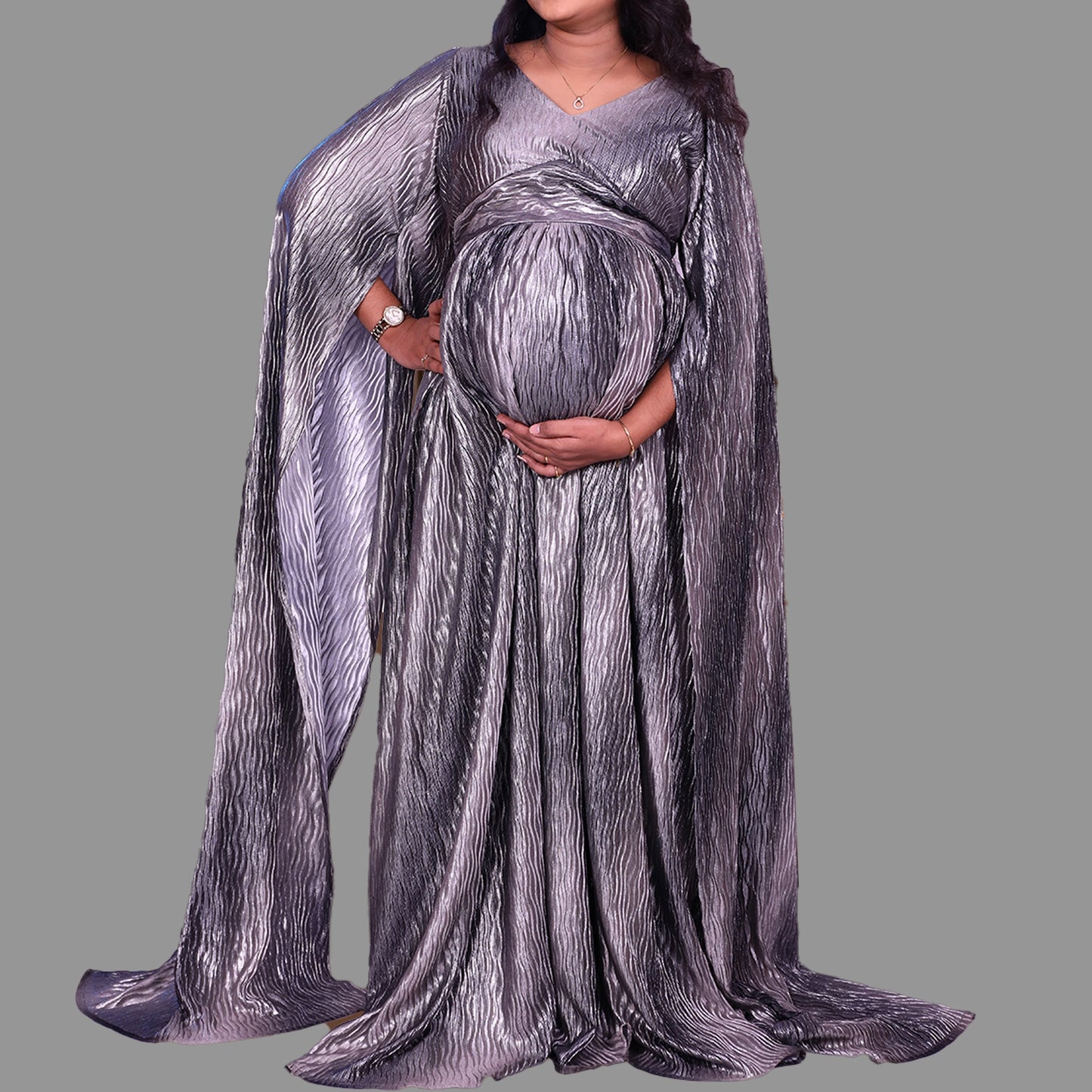 Crushed Long Sleeves Party Wear Maternity  Gown | S3MG1025