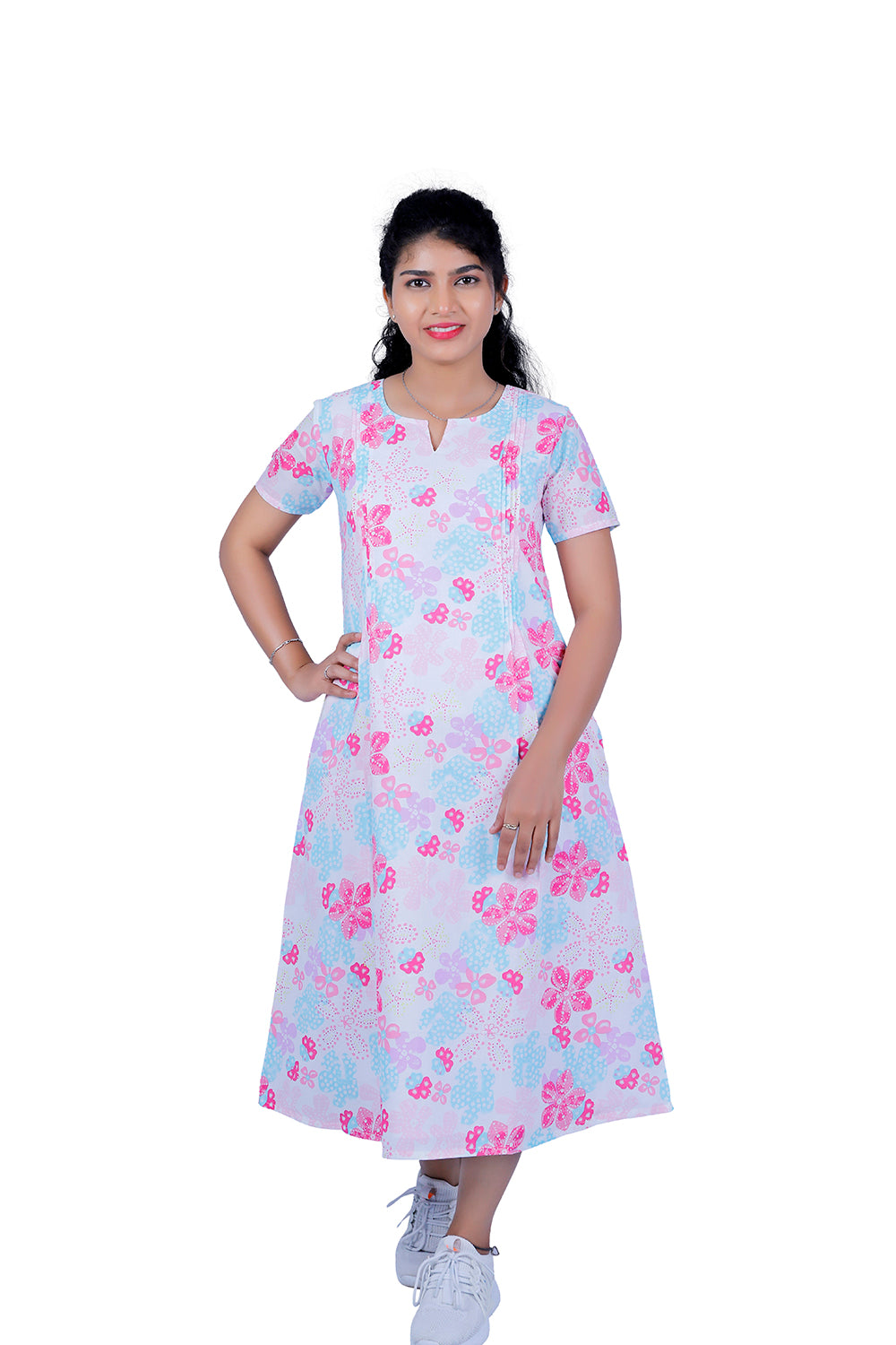 Womens Cotton White with Pink Floral Print A Line Kurti | S3X141