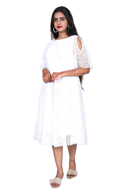 Womens Net Fabric White One Piece Dress | S3G936