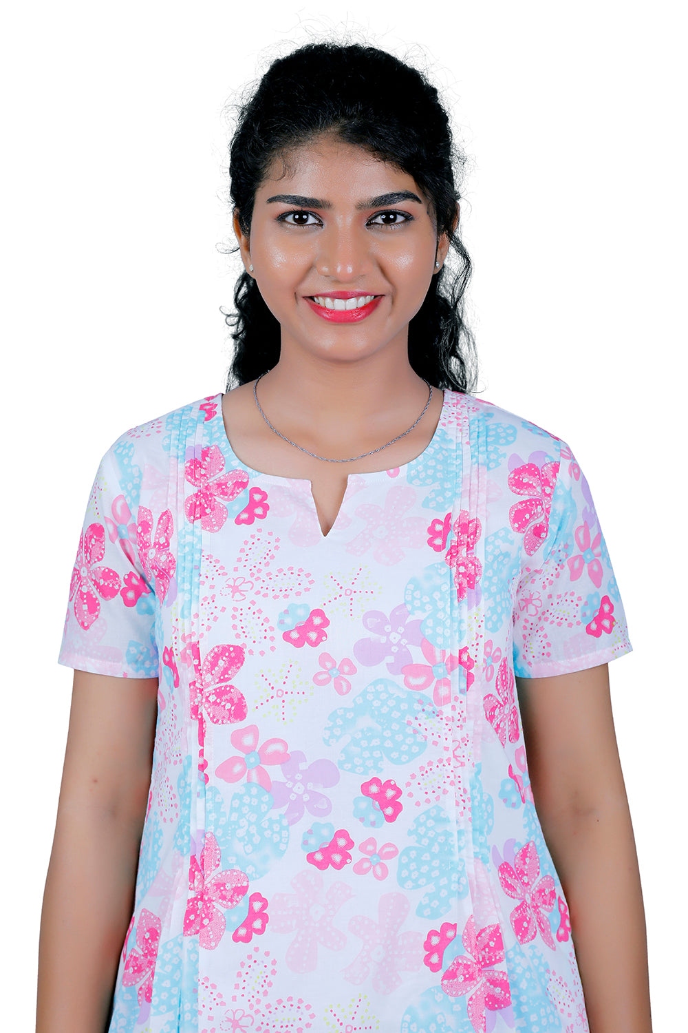 Womens Cotton White with Pink Floral Print A Line Kurti | S3X141
