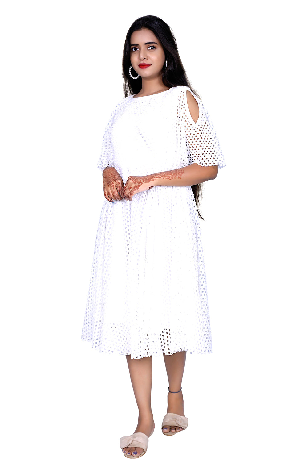 Womens Net Fabric White One Piece Dress | S3G936