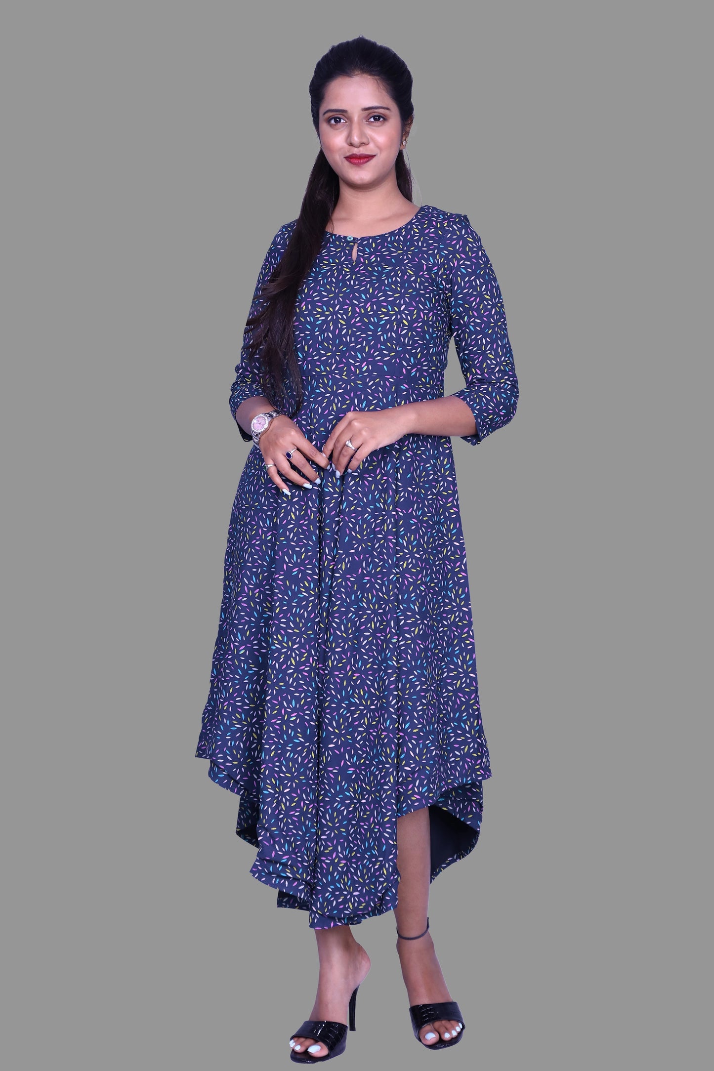 Blue Printed Viscose Rayon Front Keyhole High Low Kurta | S3G869