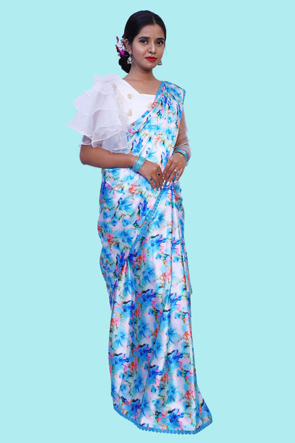 Light Blue Satin Floral Print Saree with White Ruffled hands blouse. |  S3S2
