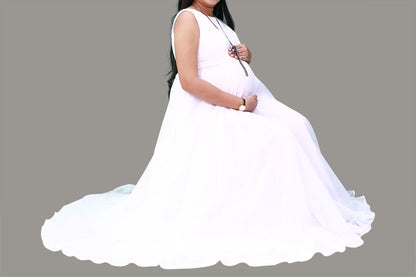 Boat Neck & Sleeves Less White Maternity Maxi Dress | S3MG137