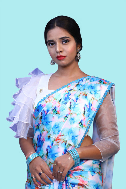 Light Blue Satin Floral Print Saree with White Ruffled hands blouse. |  S3S2
