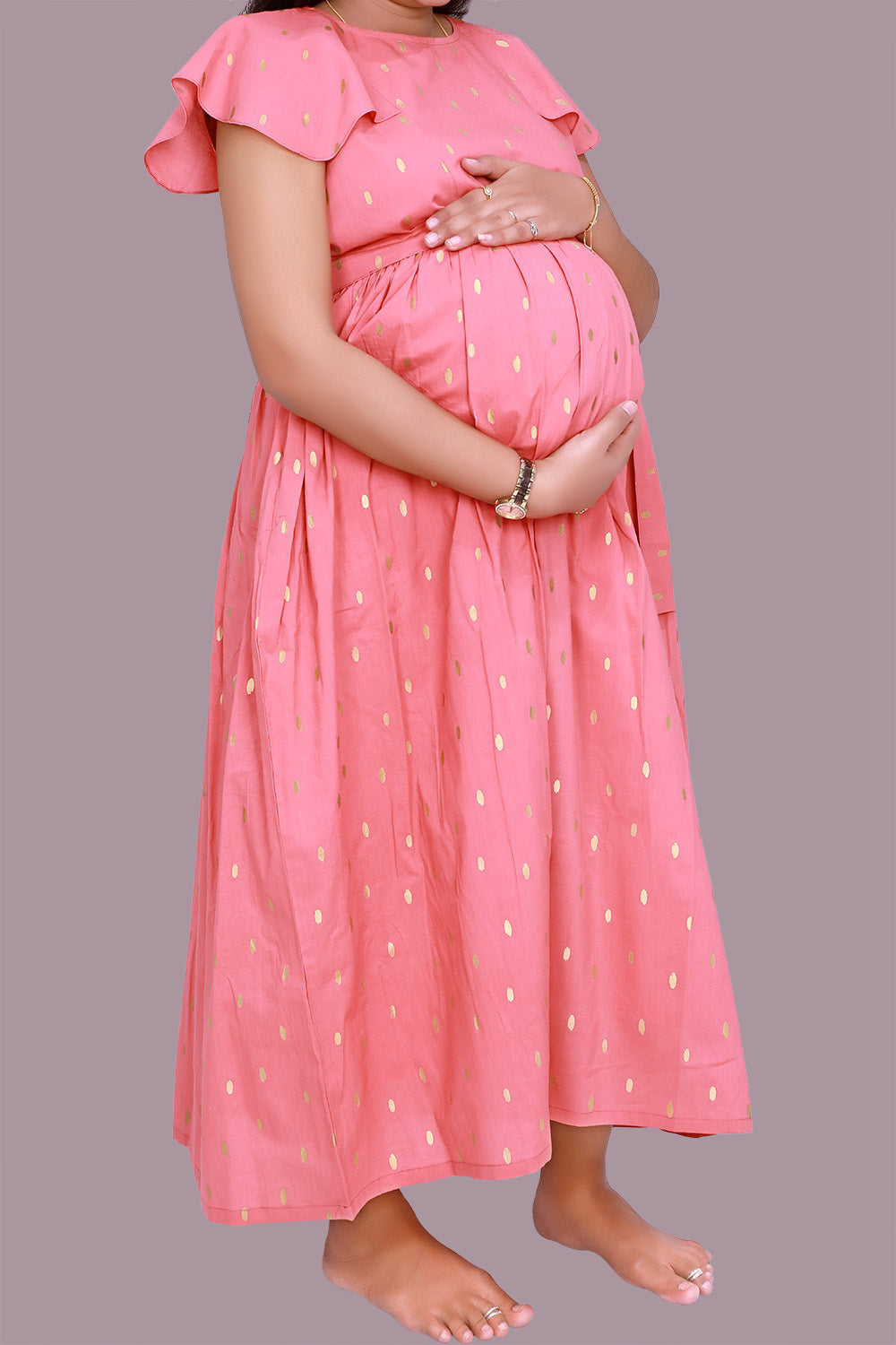 Gold Printed Dots Shoulder Sleeves Punch  Maternity Gown Cotton Fabric | S3MG1029