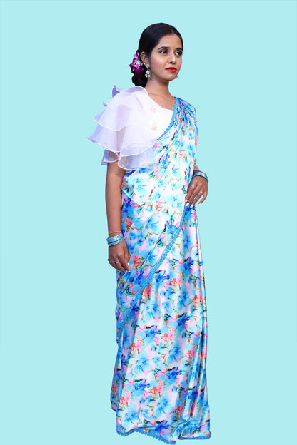 Light Blue Satin Floral Print Saree with White Ruffled hands blouse. |  S3S2