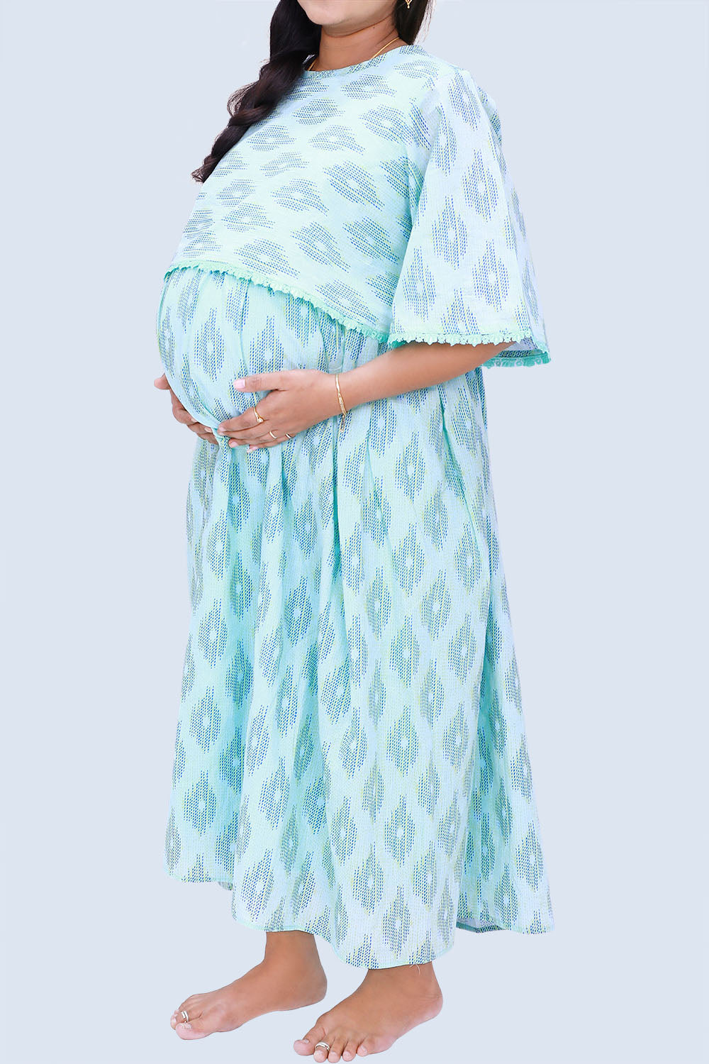 High Neck Abstract Printed Bell Sleeves Maternity  Gown | S3MG1035