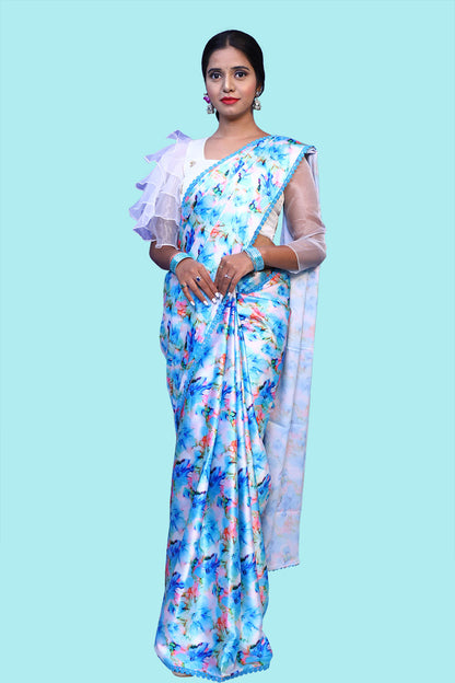 Light Blue Satin Floral Print Saree with White Ruffled hands blouse. |  S3S2