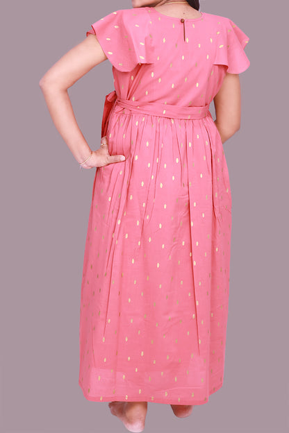 Gold Printed Dots Shoulder Sleeves Punch  Maternity Gown Cotton Fabric | S3MG1029