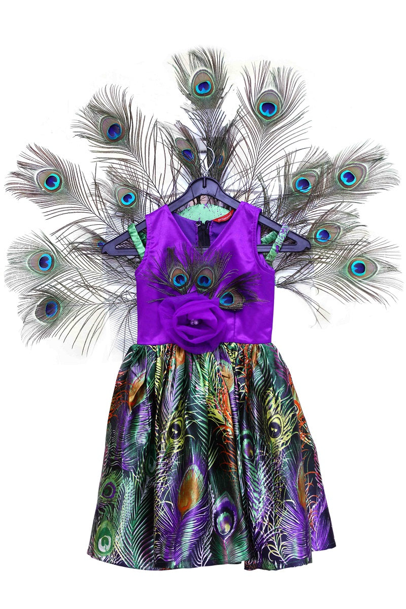 Purple Peacock Feather Printed Baby Girl Dress | S3BGPD Purple Peacock Feather Printed Baby Girl Dress | S3BGPD