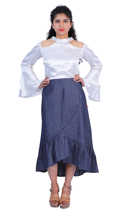 Polka Dot Printed Denim Maxi Skirt | S3S379