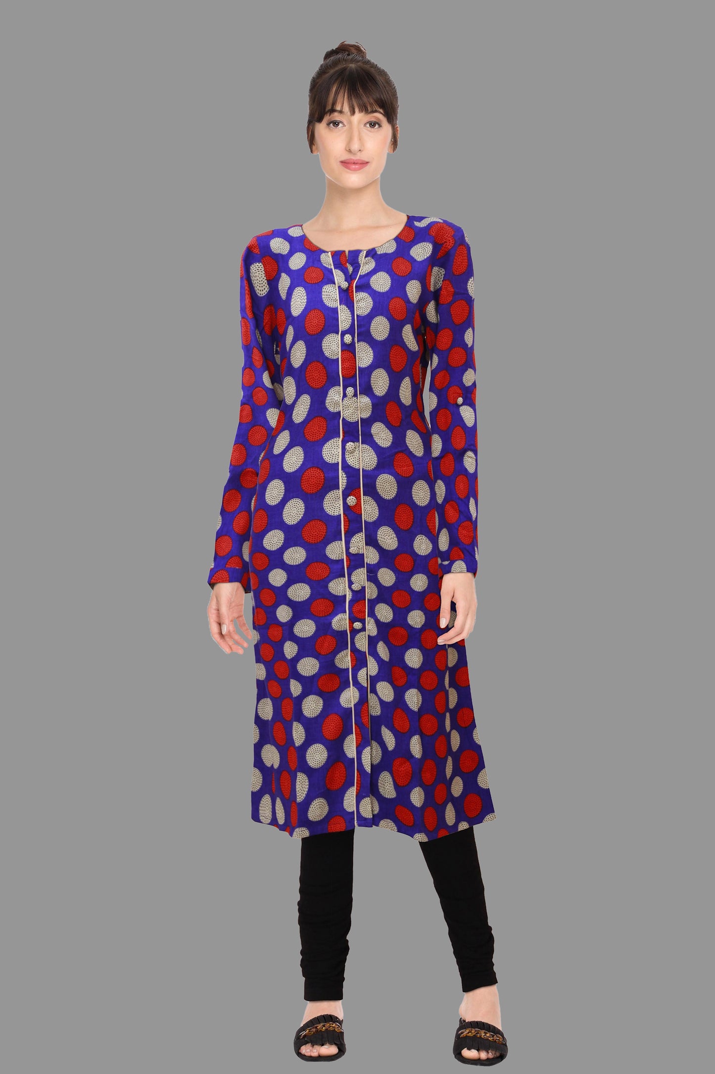 Polka Dots Silk A-line Chinese Collar Womens Kurta | S3K003