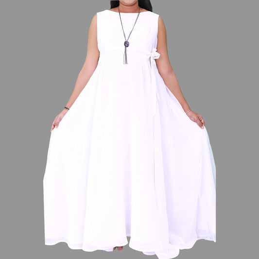 Boat Neck & Sleeves Less White Maternity Maxi Dress | S3MG137
