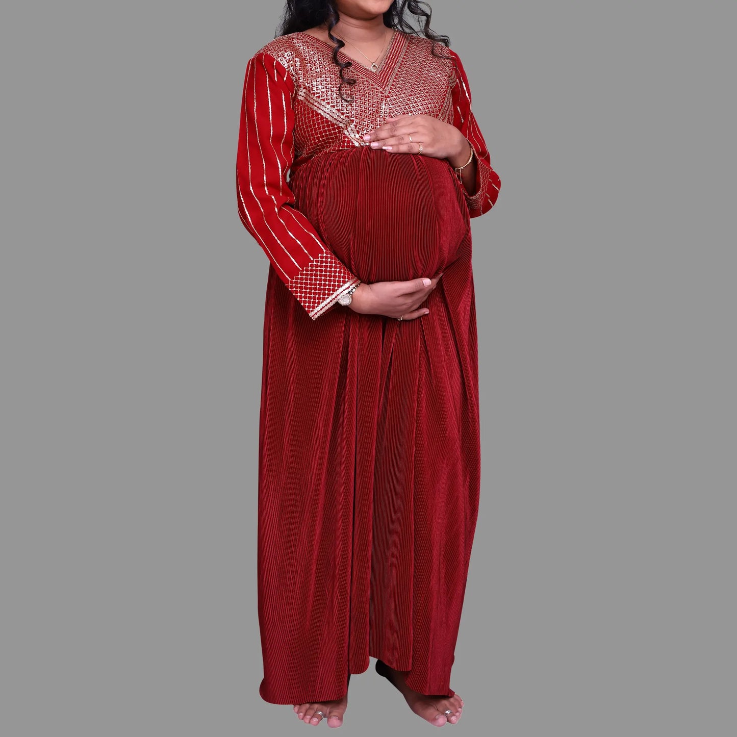 Sequins Detailing Design  Maroon Party Wear Maternity  Dress. | S3MG1028