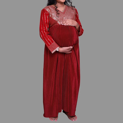 Sequins Detailing Design  Maroon Party Wear Maternity  Dress. | S3MG1028