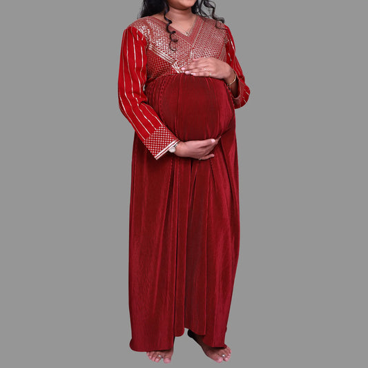 Sequins Detailing Design  Maroon Party Wear Maternity  Dress. | S3MG1028