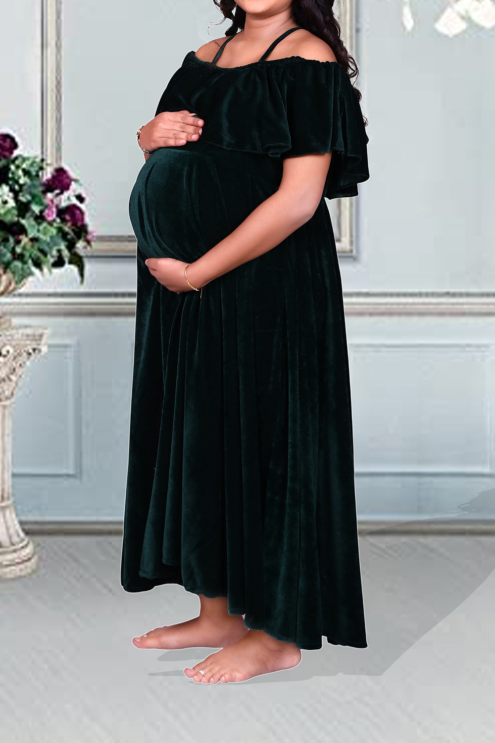 Bottle Green Half Shoulder Maternity Party Maxi. | S3MG1036