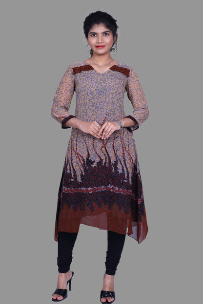 Grey and Maroon Abstract Print A-line Kurti | S3G880