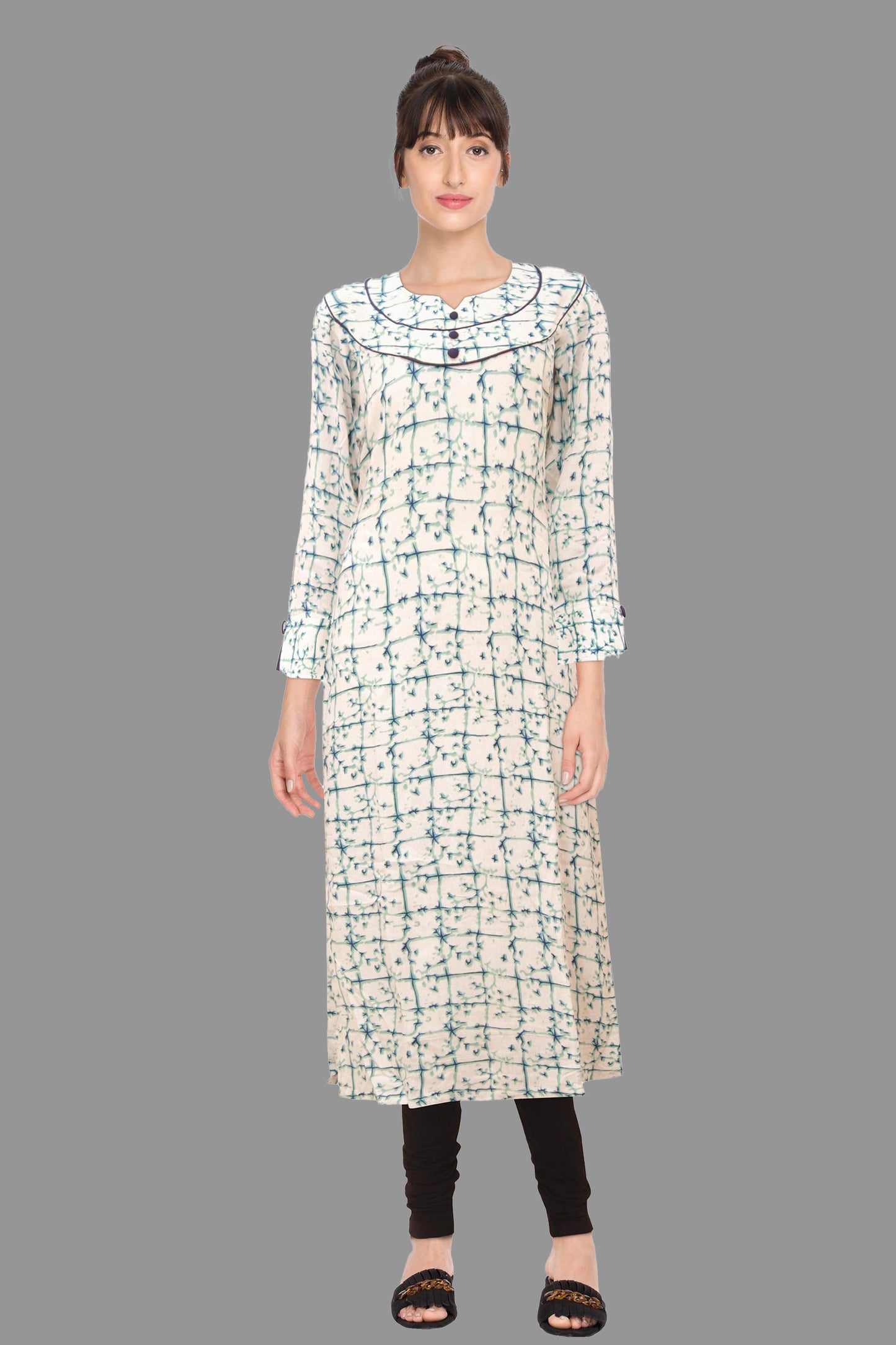 Navy Blue & Green Round Neck Checkered Kurta |  S3K035
