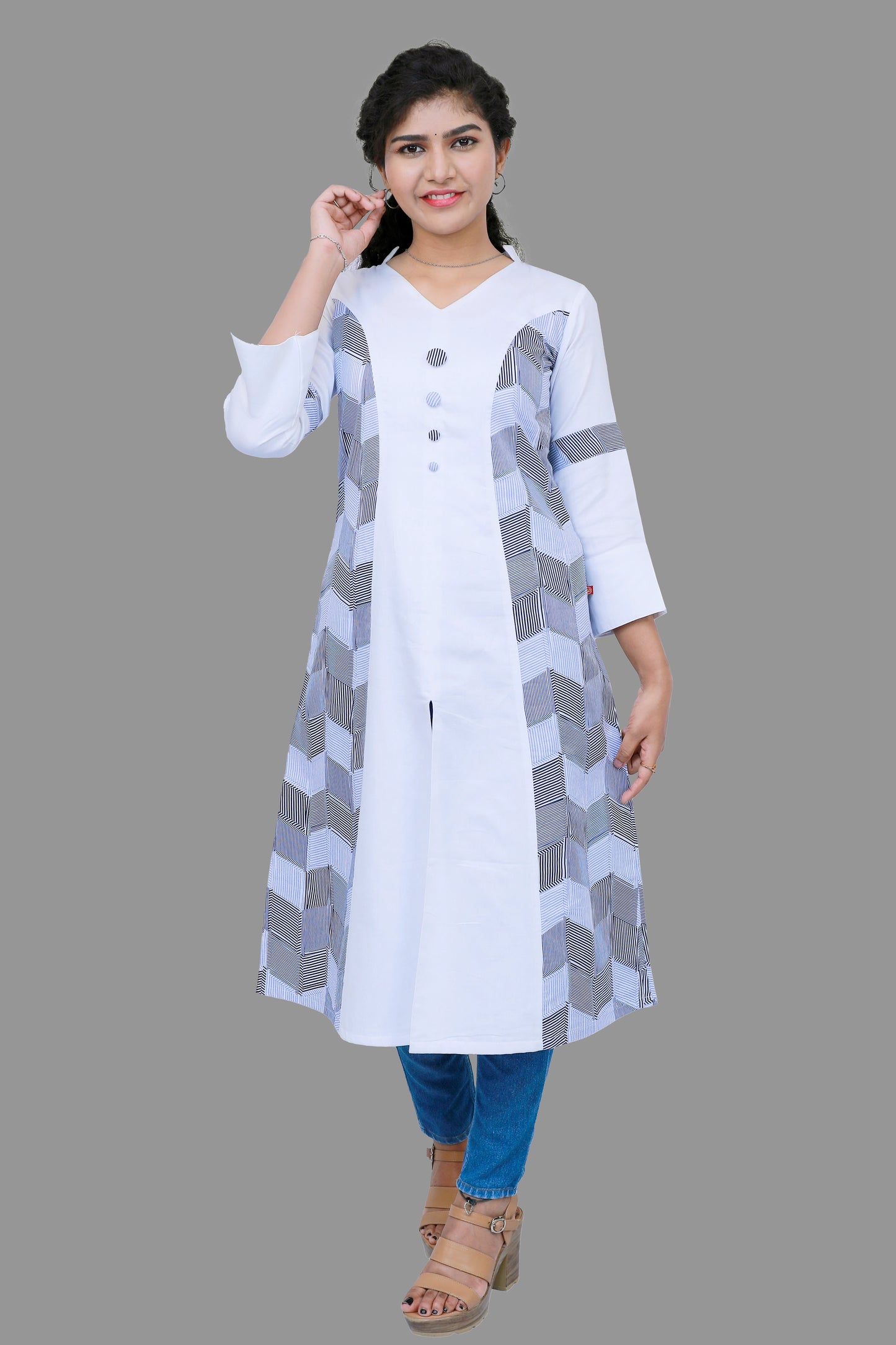 Women White & Grey Solid A-line Kurta | S3K325