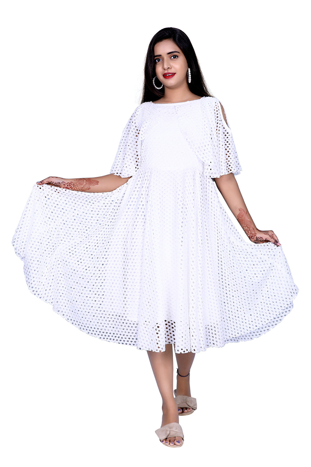 Womens Net Fabric White One Piece Dress | S3G936