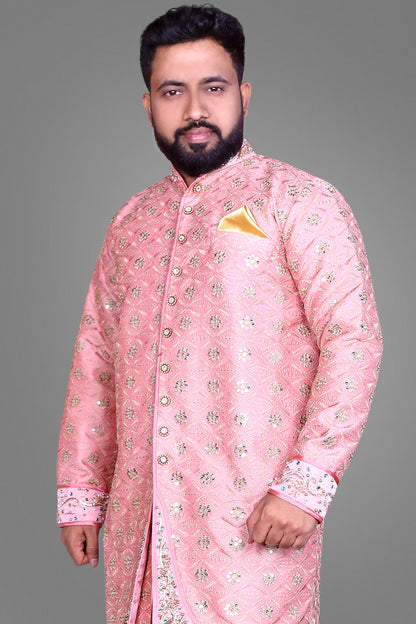 Bright Peach Embroidery with Maggam Work Sherwani & Dothi Set | S3MWD