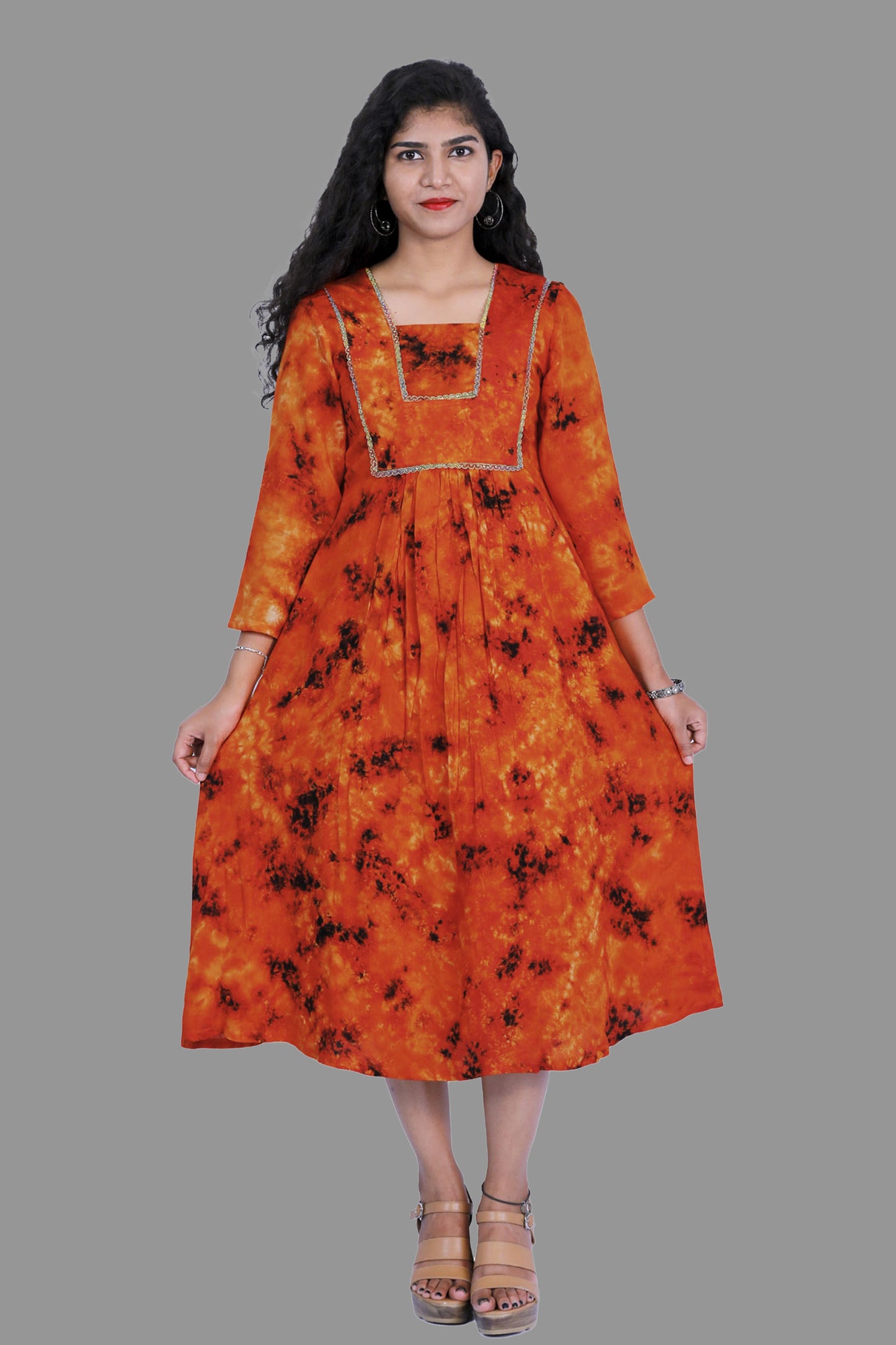Orange Tie & Die A-line Kurti | S3K341