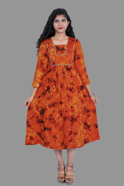 Orange Tie & Die A-line Kurti | S3K341