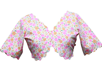 Pink And Cream Floral Printed Cut Work BLouse | S3B8