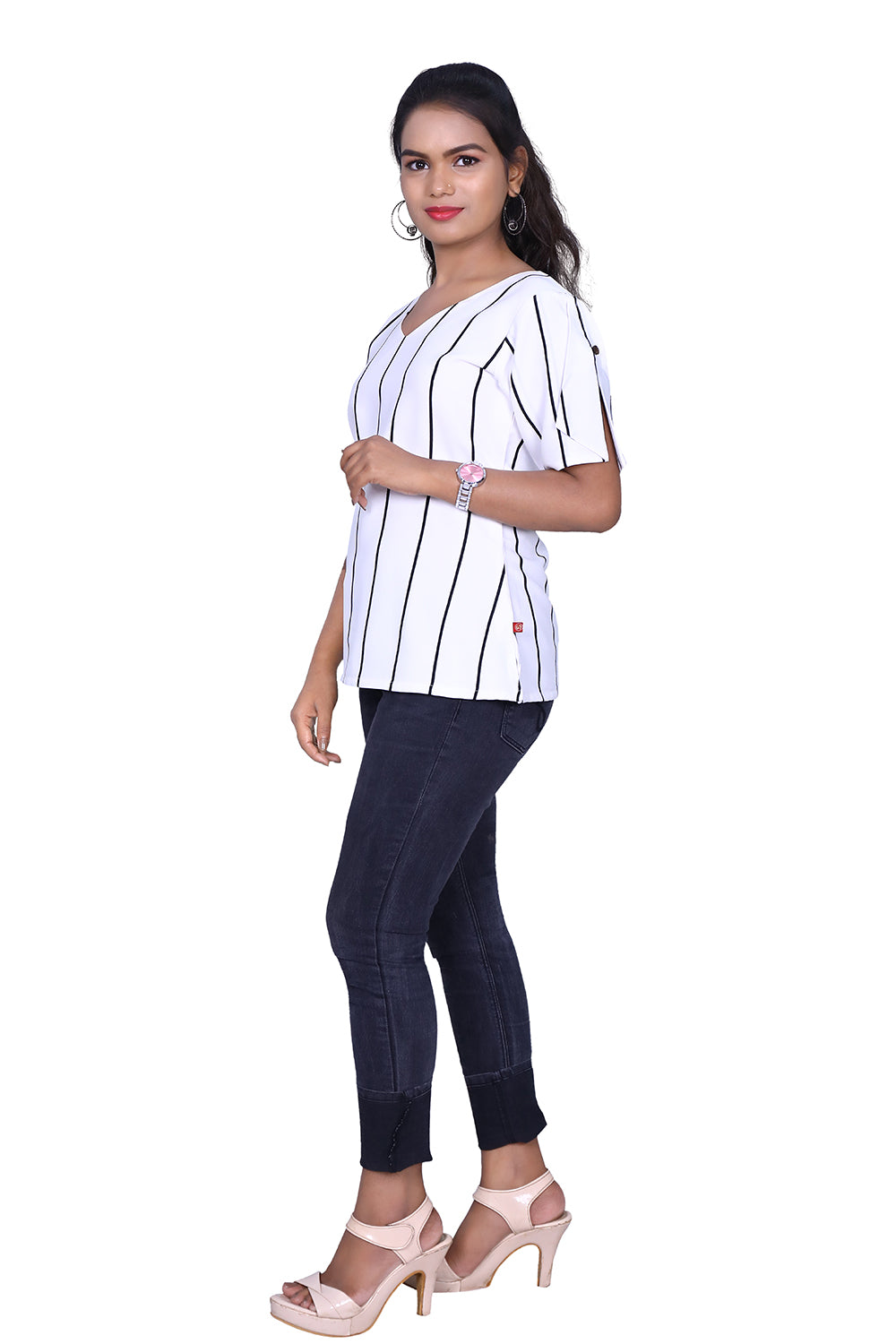 Casual Shoulder Straps Striped Women White Top | S3T959