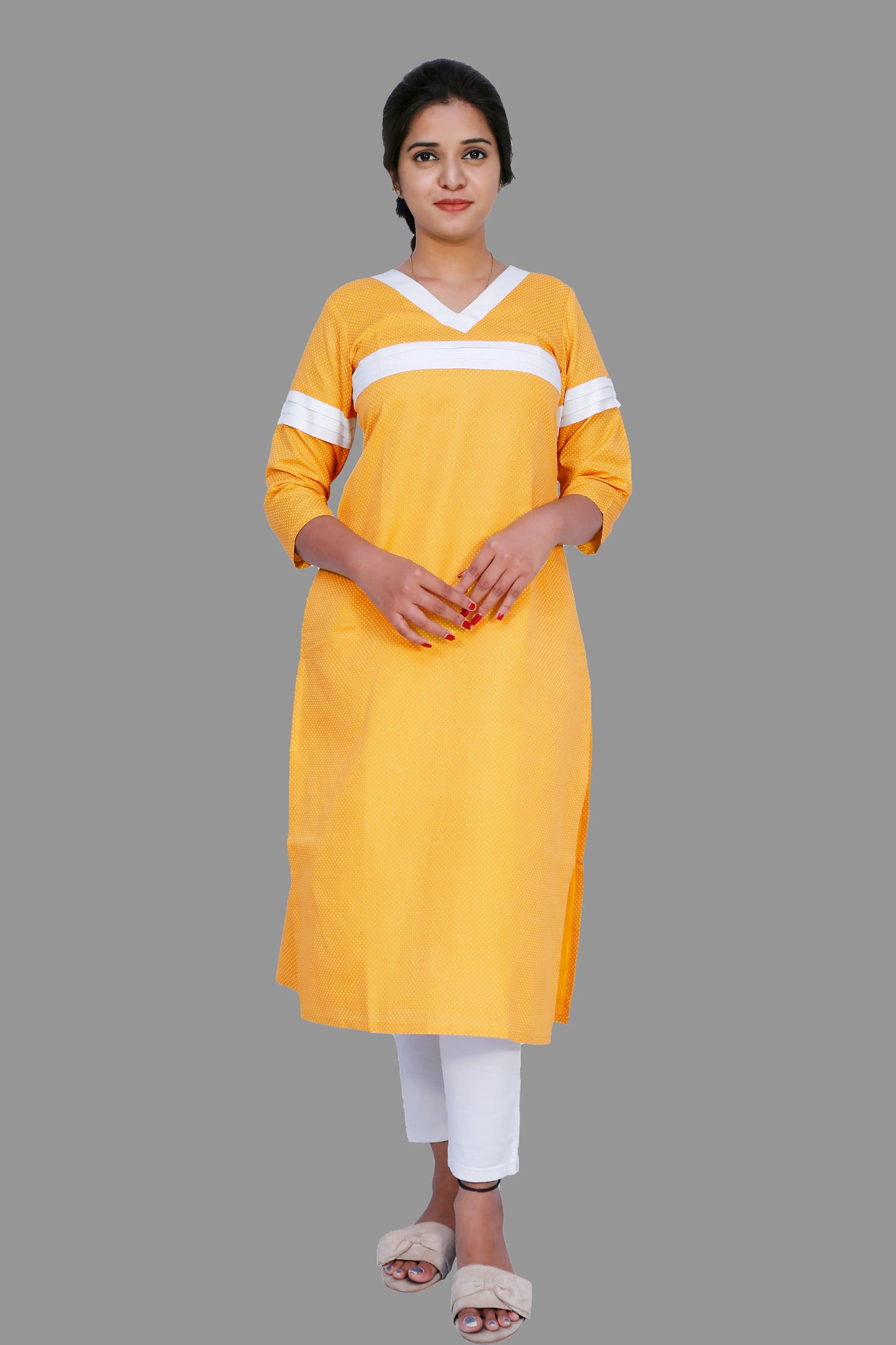 yellow polka dot cotton print Kurti | S3K434