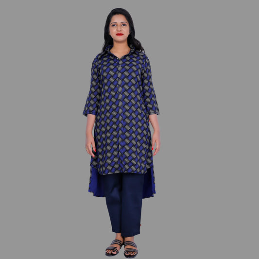 Women Printed Rayon High Low Kurta Set(Blue) | S3W179