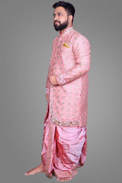 Bright Peach Embroidery with Maggam Work Sherwani & Dothi Set | S3MWD