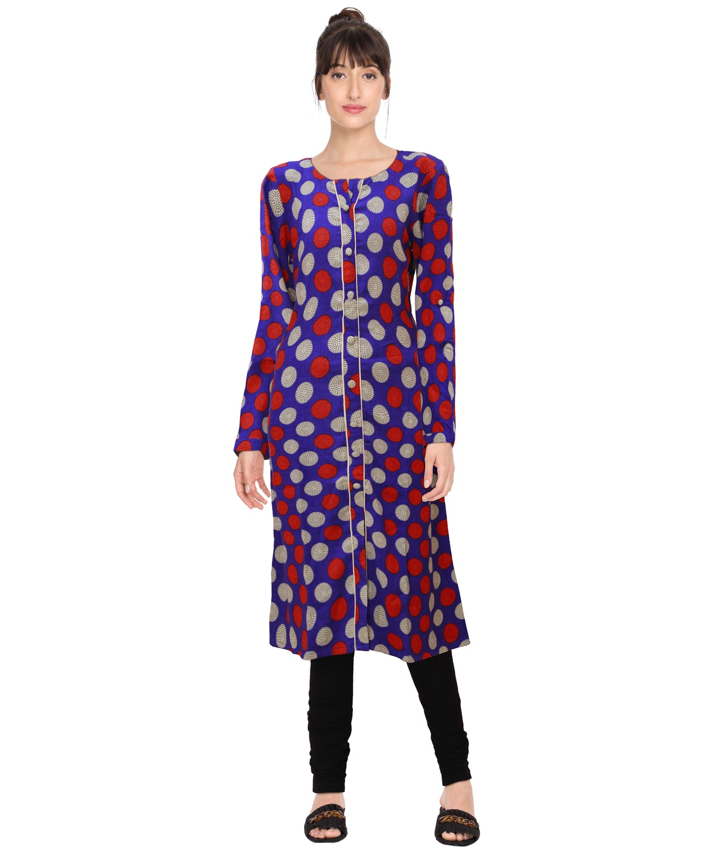 Polka Dots Silk A-line Chinese Collar Womens Kurta | S3K003