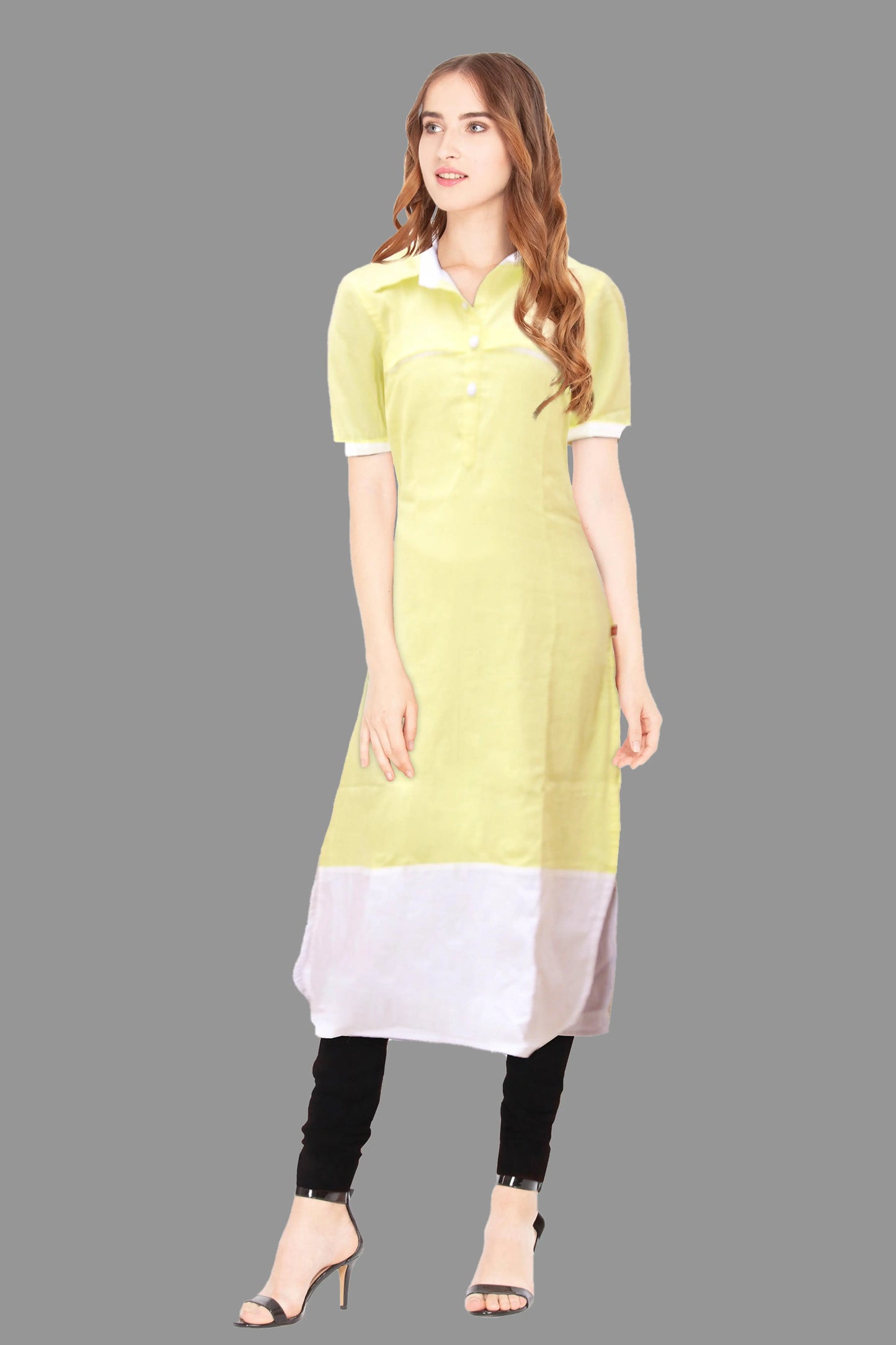 Lemon Yellow & White Straight Cotton Kurta | S3W162