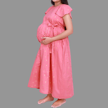 Gold Printed Dots Shoulder Sleeves Punch  Maternity Gown Cotton Fabric | S3MG1029