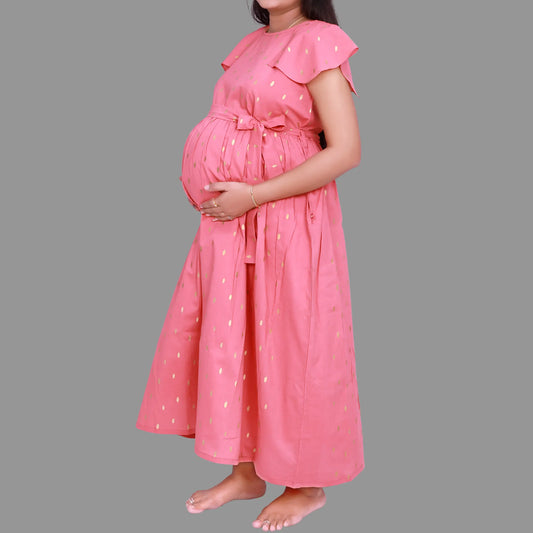 Gold Printed Dots Shoulder Sleeves Punch  Maternity Gown Cotton Fabric | S3MG1029