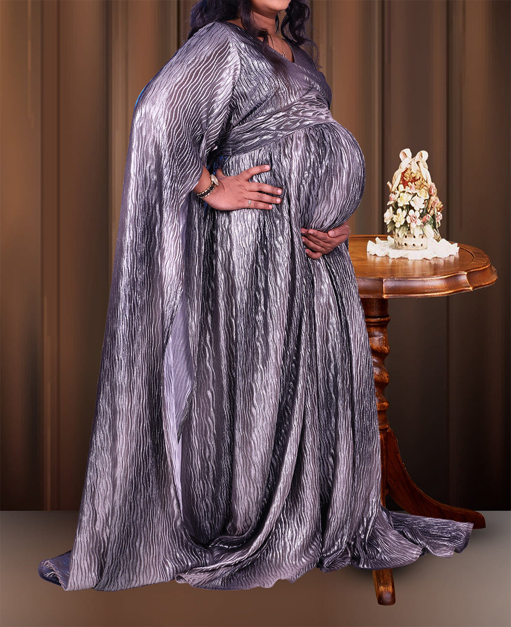 Crushed Long Sleeves Party Wear Maternity  Gown | S3MG1025
