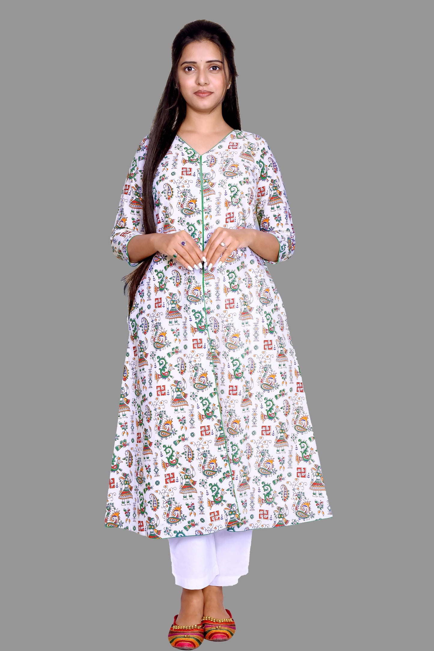 Printed Cotton White Front Slit Kurta | S3K776
