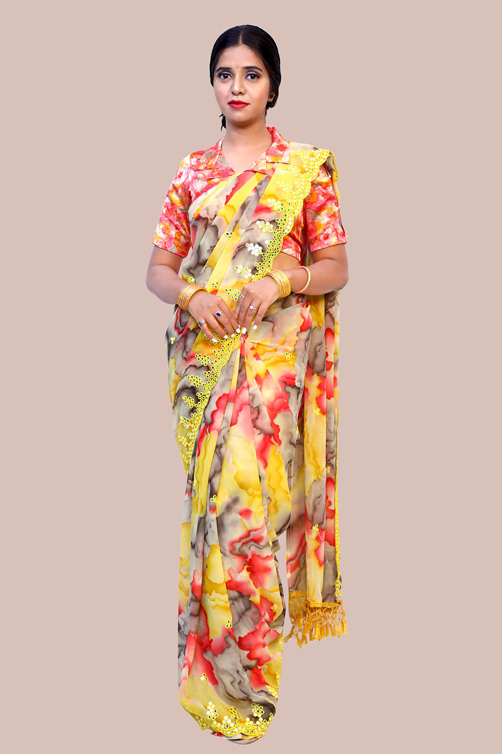 Yellow Floral Printed Saree  | S3S1