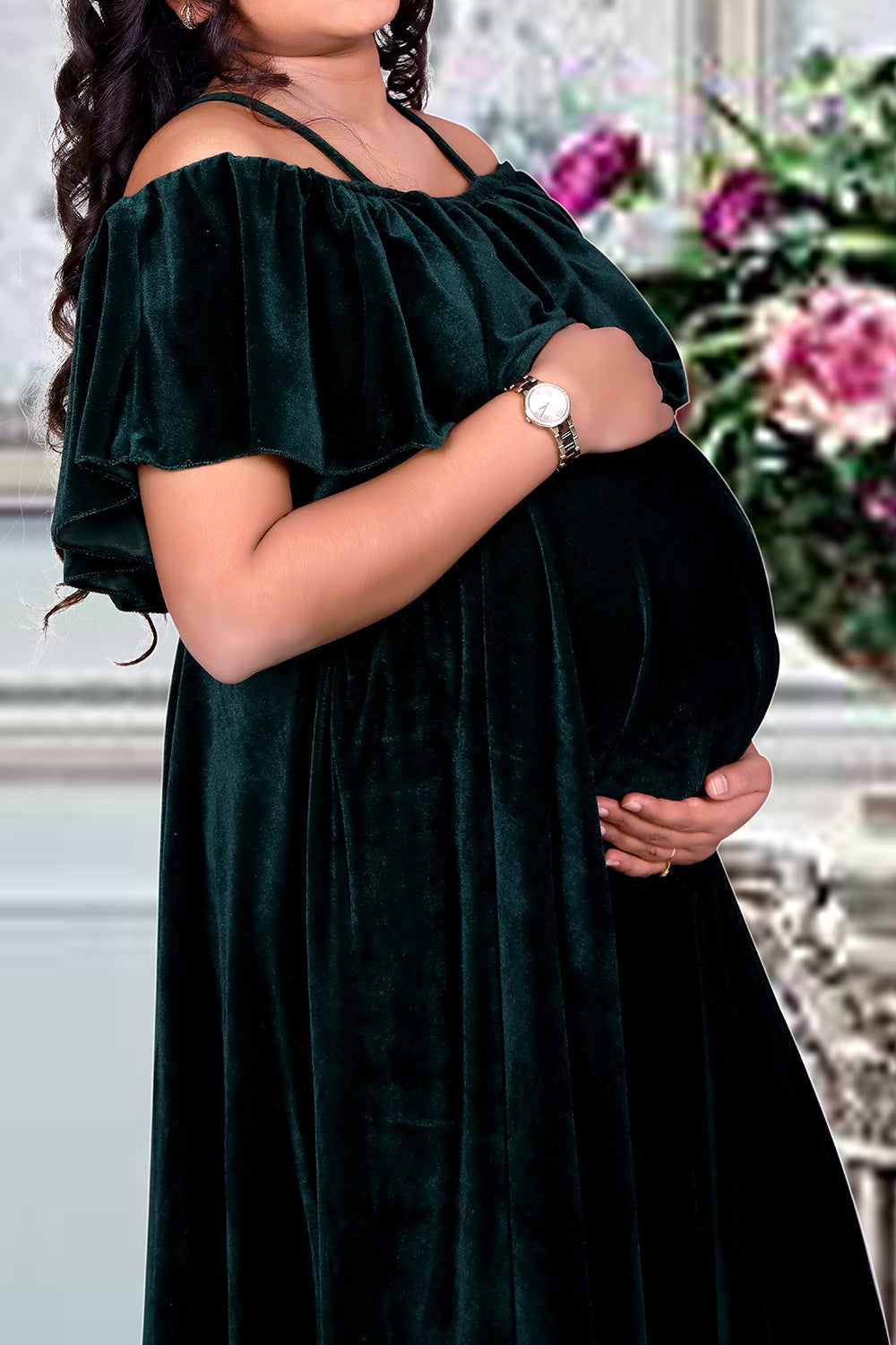 Bottle Green Half Shoulder Maternity Party Maxi. | S3MG1036