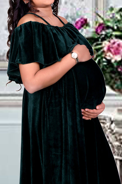 Bottle Green Half Shoulder Maternity Party Maxi. | S3MG1036