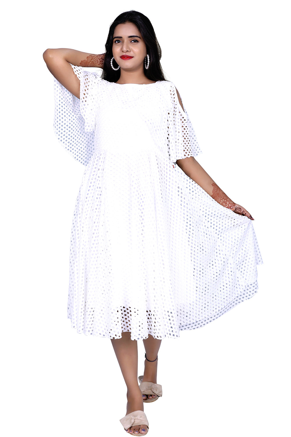 Womens Net Fabric White One Piece Dress | S3G936