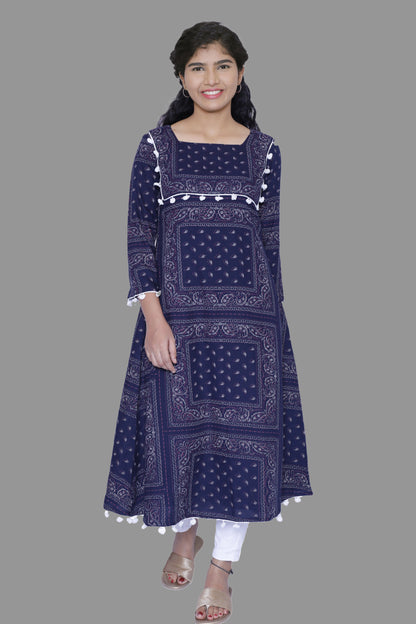 Women Printed A-line Kurta(Navy Blue)|S3K595