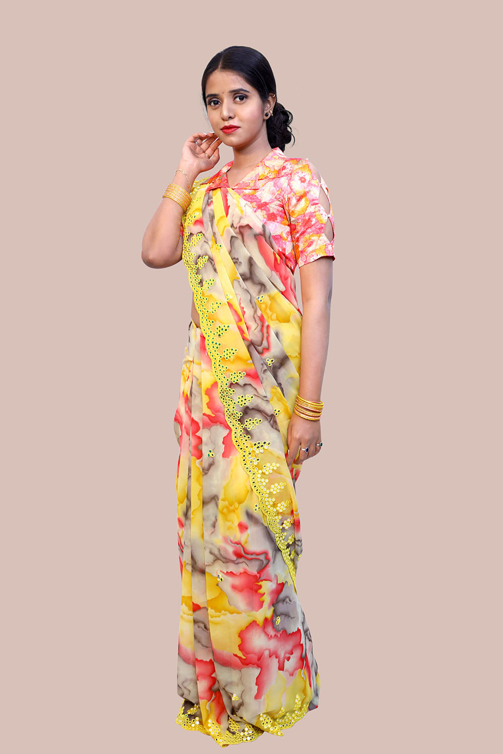 Yellow Floral Printed Saree  | S3S1